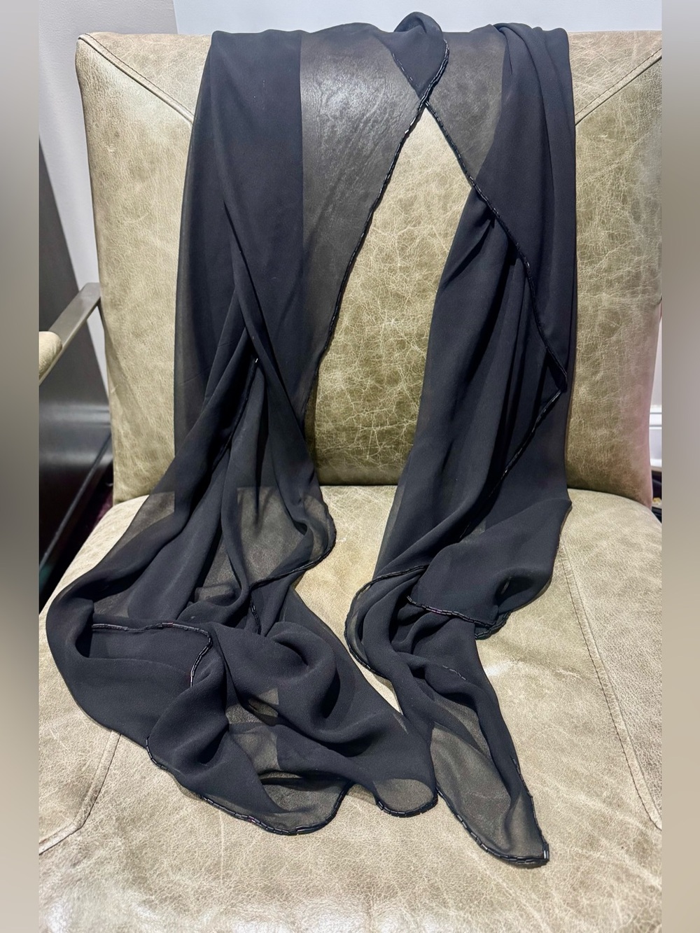Cache Black Beaded Chiffon Evening Wrap Shawl Scarf Formal Glam
